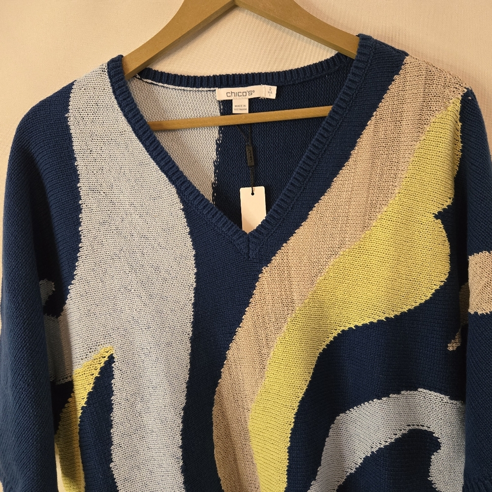 Chico's Women Sz 2 V-neck Dolman Sleeve "Seaport Multicolor Pullover Sweater - Picture 5 of 9